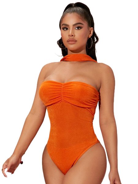 

sxy halter neck backless ruched bodysuit b0fh#, White