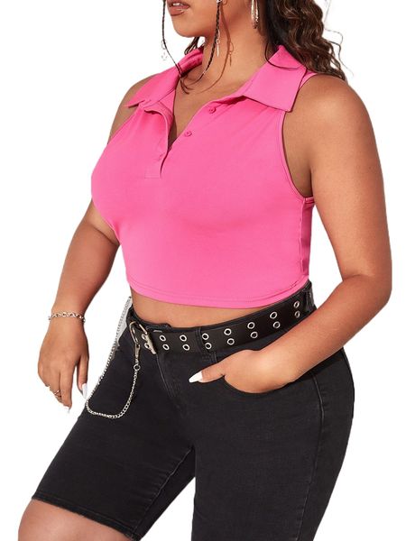

plus solid half button crop tank i834#, Black