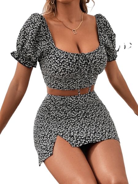 

ditsy floral print puff sleeve knot front crop & split hem skirt p2xc#, White
