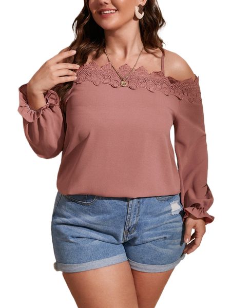 

plus guipure lace cold shoulder flounce sleeve blouse r58e#, Black