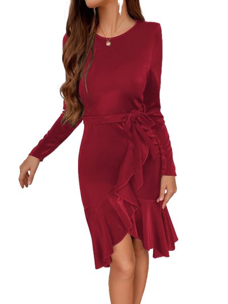 

asymmetrical ruffle trim belted velvet dress v9sj#, Black;gray