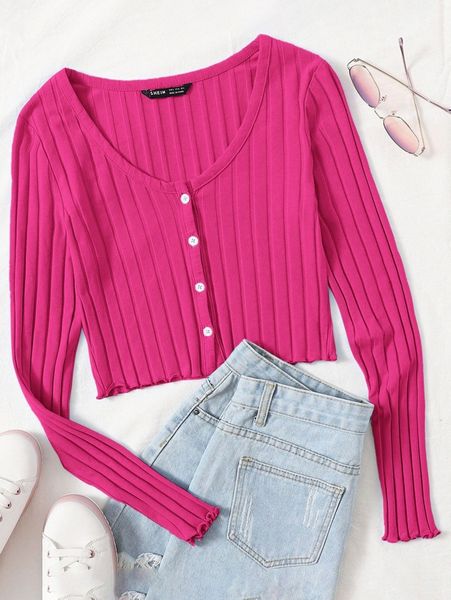 

buttoned front lettuce trim rib-knit e4ha#, White