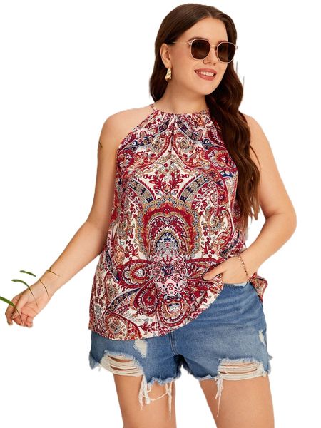 

plus paisley & floral print tie back halter j3zl#, Black
