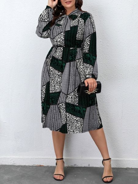 

plus chevron and leopard print tie neck dress 77dc#, Black