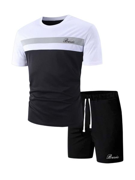 

men letter graphic colorblock tee & shorts v6gx#, Gray