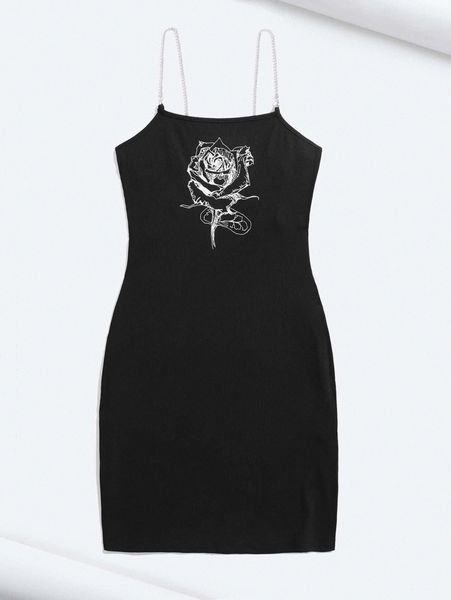 

x cassi walsh rose print rhinestone chain strap cami dress 79w0#, Black;gray