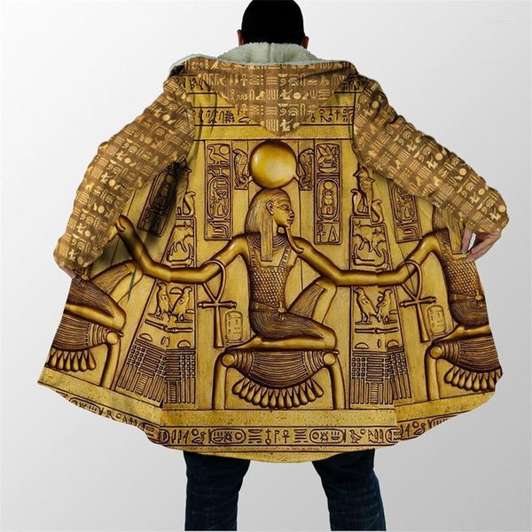 Herren-Trenchmäntel, Winter-Kapuzenmantel, ägyptische Hieroglyphen und Götter, 3D-gedrucktes Fleece, Unisex, lässig, verdickt, warm, H032 Viol22
