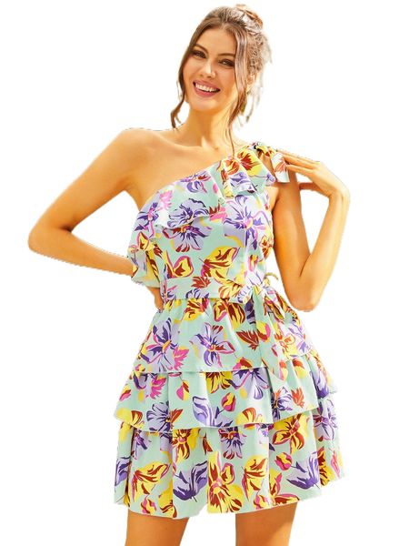 

sbetro one shoulder floral print layered hem belted dress p0xr#, Black;gray