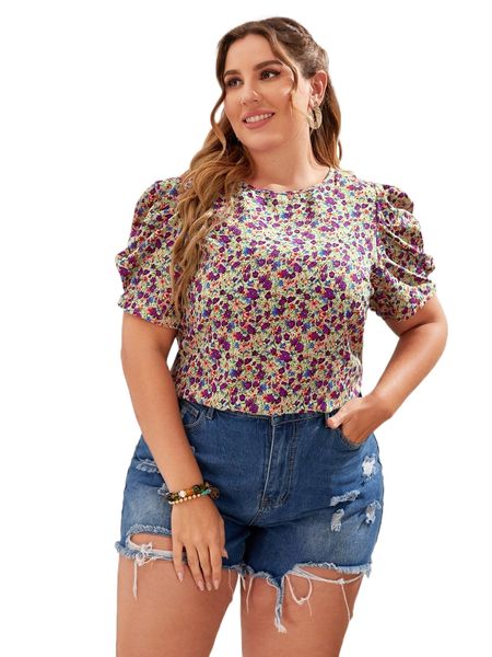 

plus allover floral print puff sleeve blouse i6ax#, Black