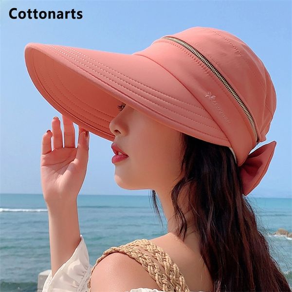 

summer women ponytail empty cap wide brim anti-uv bowknot beach hat ladies foldable zipper decoration travel sunscreen caps 220427, Blue;gray