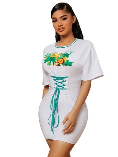 

sxy trophy print grommet lace up bodycon dress b2xu#, Black;gray