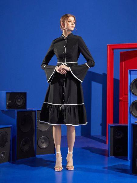 

x twist and jam contrast binding flounce sleeve knot front ruffle hem dress 21os#, Black;gray