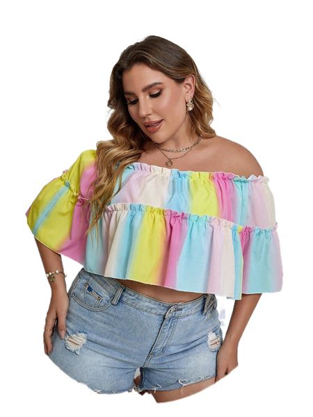 

plus ombre colorblock layered frill trim blouse 46x8#, Black