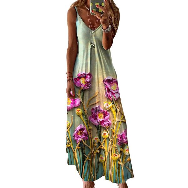 

casual dresses bambooboy women summer sleeveless spaghetti strap loose floral print long dress fd243, Black;gray