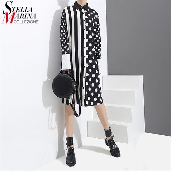 

korean style women autumn black shirt dress polka dots printed & stripes long sleeve female casual midi runway dress 3191 y200102, White;black