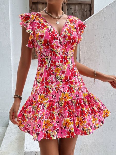 

allover floral print butterfly sleeve ruffle hem dress p82e#, Black;gray