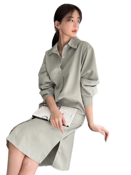 

dazy solid button up split side drop shoulder shirt dress h3cc#, Black;gray
