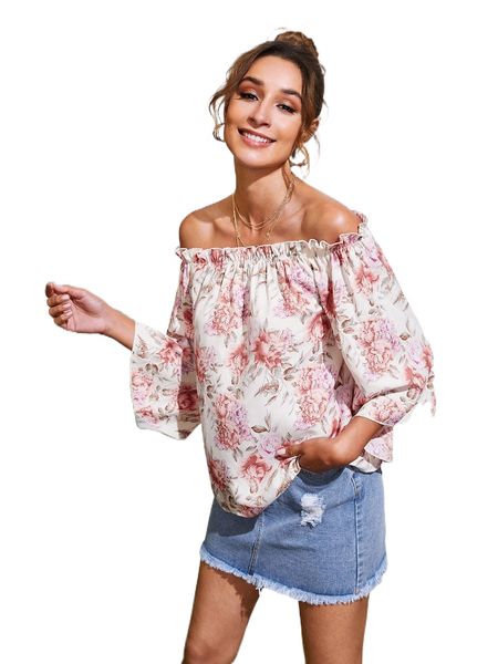 

allover floral print off shoulder frill trim e3iq#, White