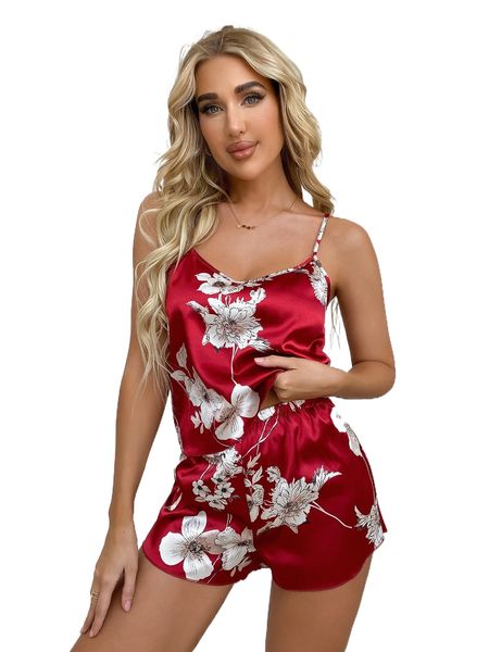 

floral print satin pj set 22hx#, Black;red