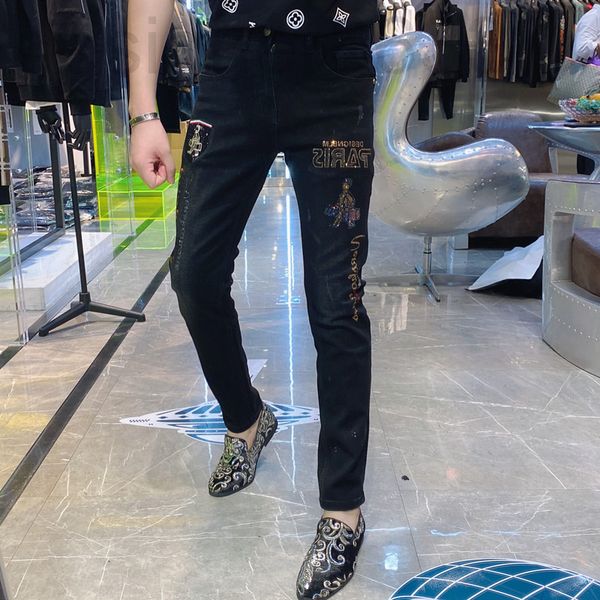 

men's jeans designer a spring and summer fashion personalized embroidery slim elastic versatile handsome black feet k6ld, Blue
