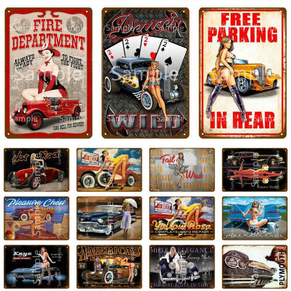 

retro car with beauty girl metal plaque tin sign vintage bathroom wall decor plate classic pin-up poster home decor
