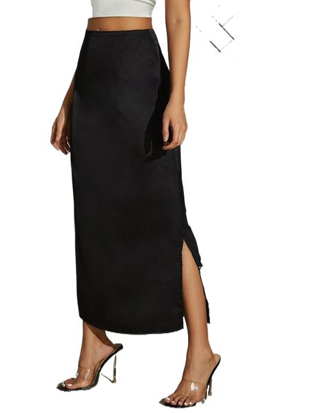 

zipper side split hem straight satin skirt k87x#, Black