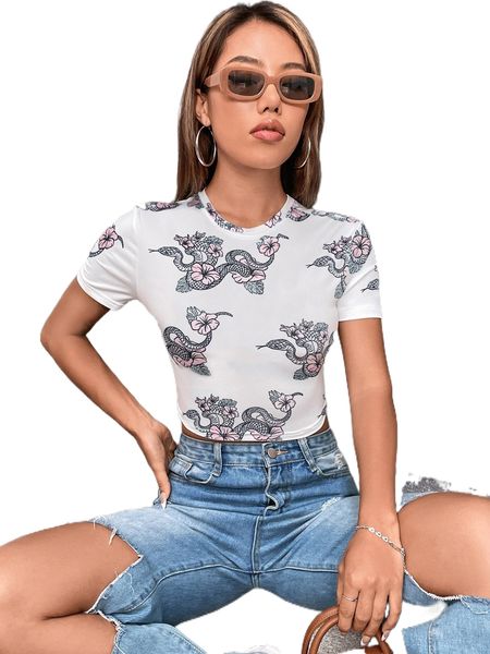 

snake & floral print tee x7xx#, White