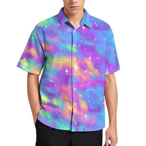 Erkekler Sıradan Gömlek Soyut Yıldızlı Tatil Gömlek Pastel Galaxy Hawaiian Grafik Bozlar Kısa Kollu Modaya Dönüş