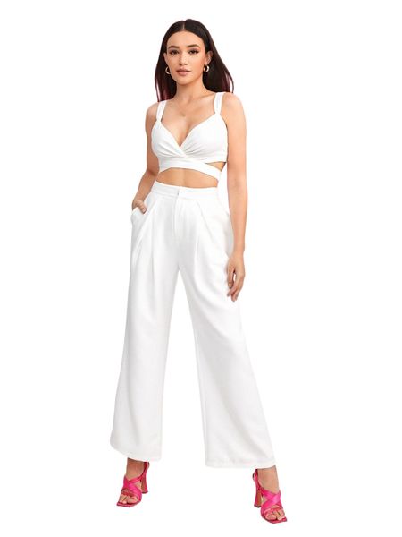 

x lital ofir tie back crop cami & wide leg pants o25h#, White