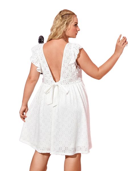 

plus eyelet embroidery tie back ruffle trim dress t3wv#, Black