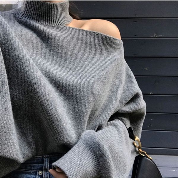 

hma korean chic temperament elegant design thickening sweater hollow open shoulder turtleneck pullover loose sweater 220803, White;black