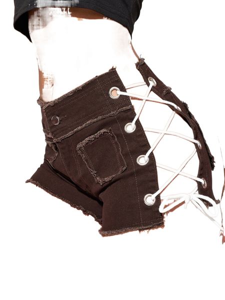 

lace up side raw hem denim shorts b6cv#, White;black