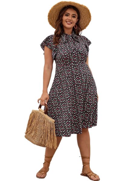 

plus ditsy floral tie neck butterfly sleeve dress e2oo#, Black