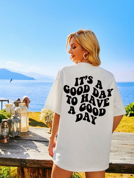 

slogan graphic drop shoulder tee q078#, White