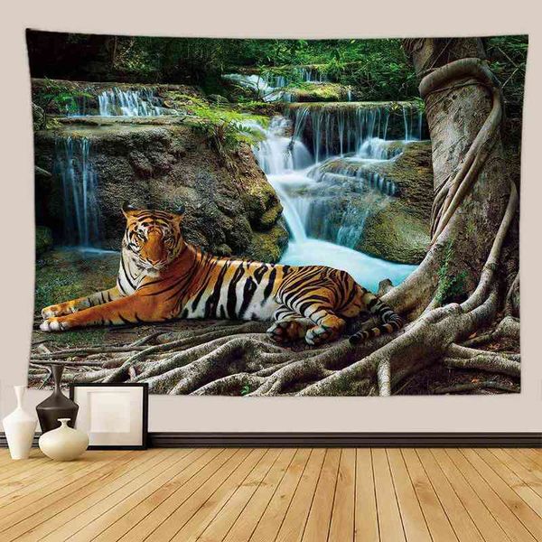 Тропический лес леопардовый тигровый ковер Стенная стена, свисание льва животных, ладонь, хиппи, гостиная, стена, декор спальни, украшение, J220804