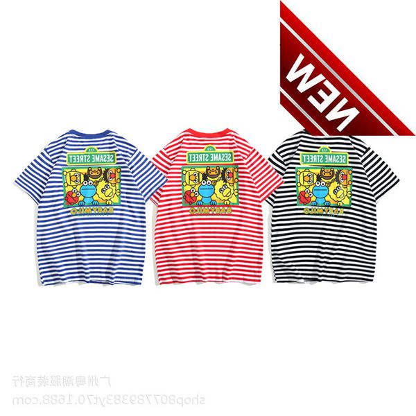 

summer new fashion bap sesame street stripe round neck men's and women's t-shirt short sleeve, White;black
