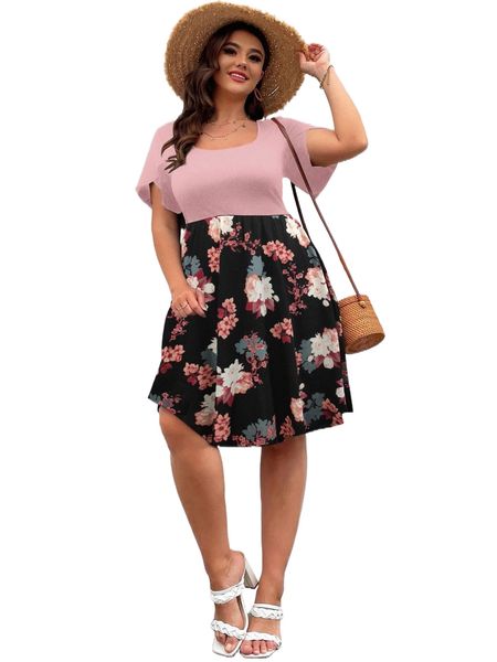 

plus floral print petal sleeve dress k715#, Black