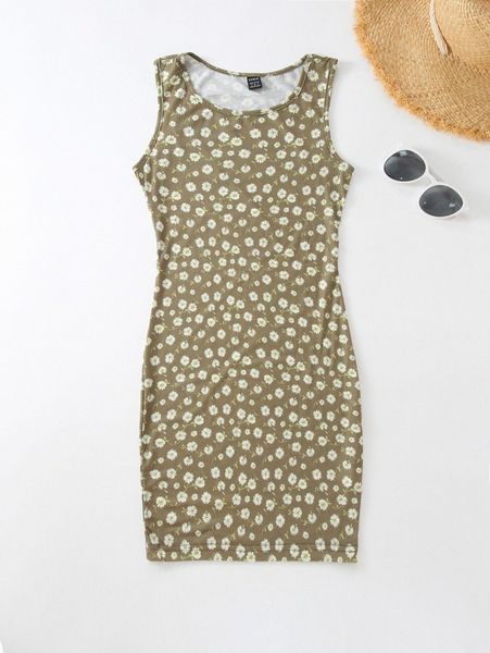 

1pc allover floral print tank dress 30qv#, Black;gray