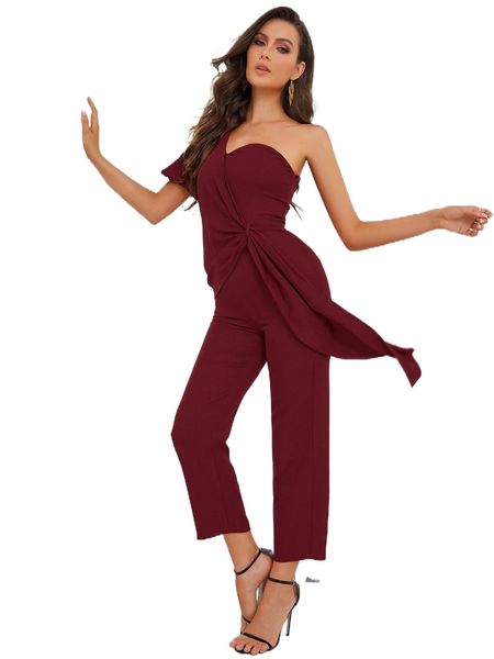 

one shoulder draped side puff sleeve jumpsuit b2qj#, Black;white