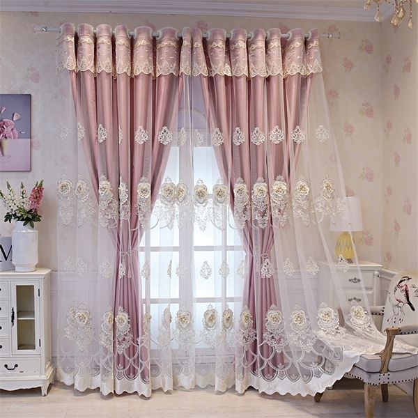 Cortinas de estilo europeu para sala de estar dupla camada tule gaze cortina quarto atmosfera luxuosa cortinas bordadas 220511