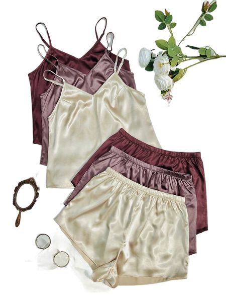 

3pcs solid cami & shorts pj set t8nw#, Black;red