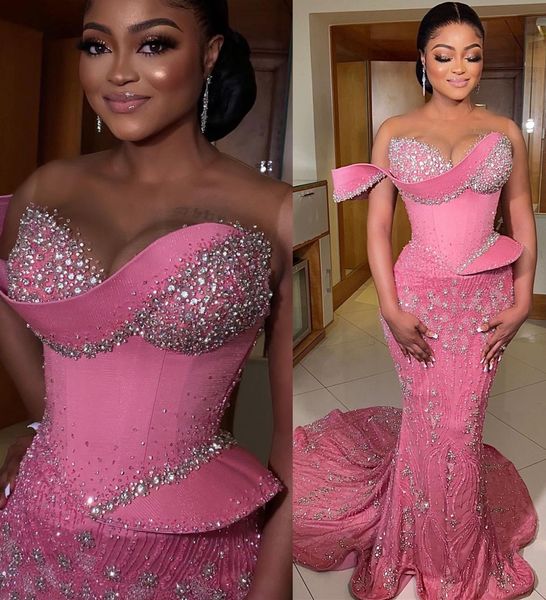 

2022 plus size arabic aso ebi pink luxurious mermaid prom dresses sheer neck sparkly evening formal party second reception birthday engageme, Black