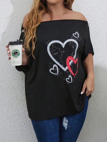 

plus heart print fake button off shoulder tee g0ij#, Black