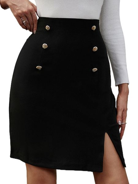 

high waist fake button split hem skirt i4gi#, Black