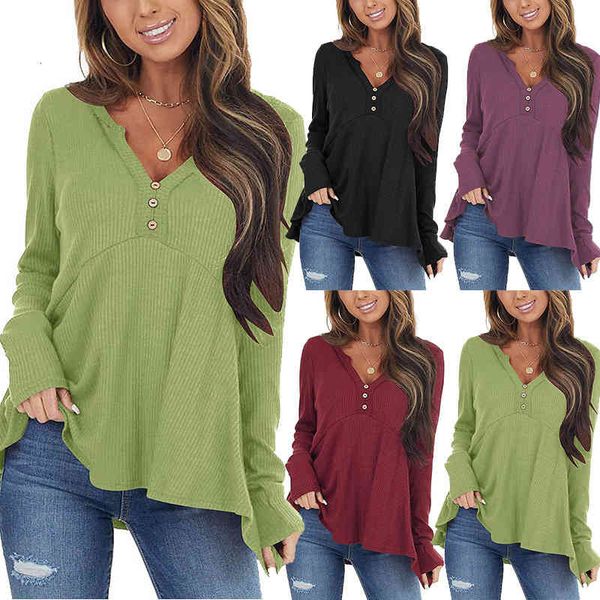 

women's knits tees 2022 autumn and winter women's button v-neck long sleeved sweater loose bottomed shirt dqq1, White