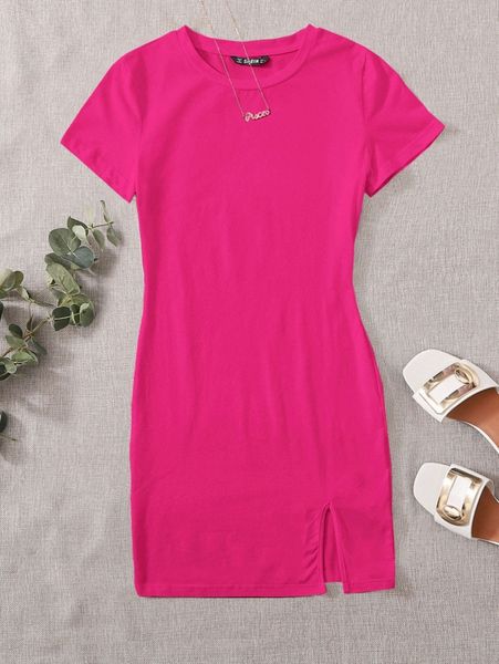 

neon pink split hem solid dress u6um#, Black;gray
