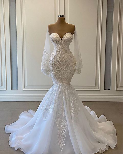 

glamorous pearls arabic mermaid wedding dresses lace appliques bridal gown custom made with long sleeves women formal robes de mariÃ©e, White
