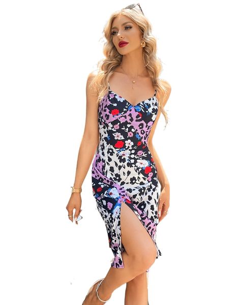 

floral & leopard print split thigh cami dress x5sg#, Black;gray