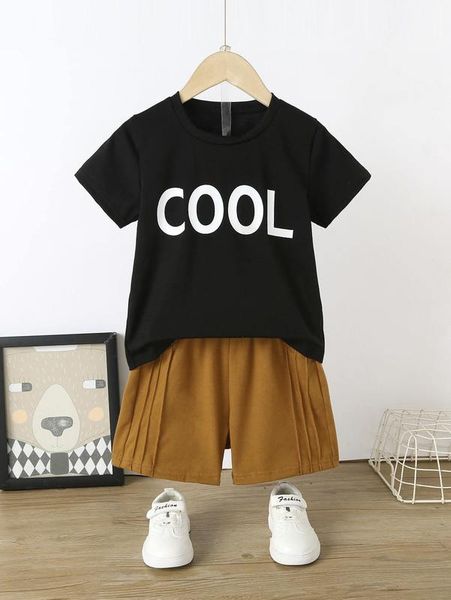 

toddler boys letter graphic tee & seam detail tie front shorts she, White