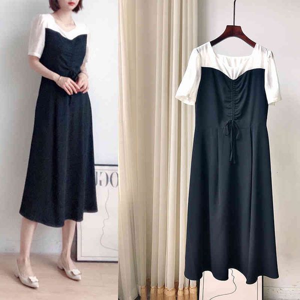 

casual dresses p135150  home black and white contrast short sleeve waist drawstring dress, Black;gray